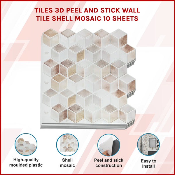 Tiles 3D Peel And Stick Wall Shell Mosaic 10 Sheets Floor & Wall Tiles