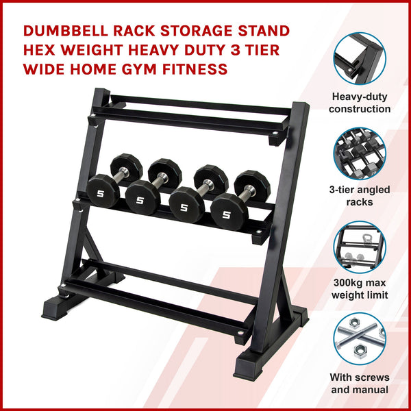 Dumbbell Rack Storage Stand Hex Weight Heavy Duty 3 Tier Wide Home Gym Fitness Dumbbells