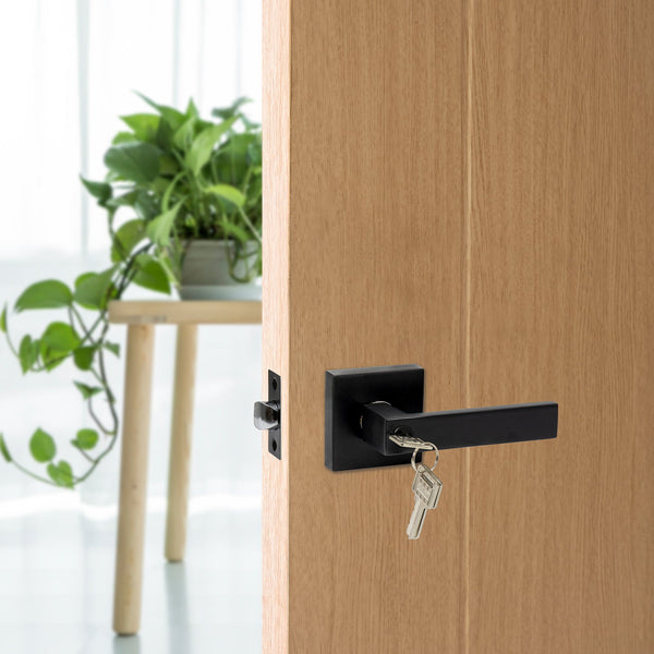 Door Handle Set Lever Key Lock Function Square Black Door Knobs