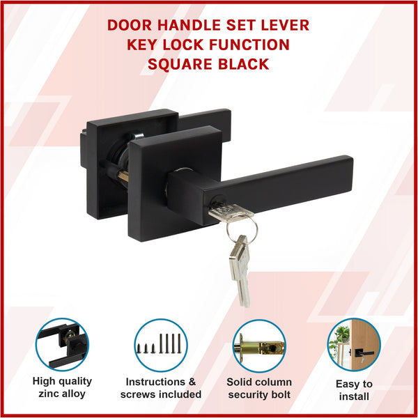 Door Handle Set Lever Key Lock Function Square Black Door Knobs