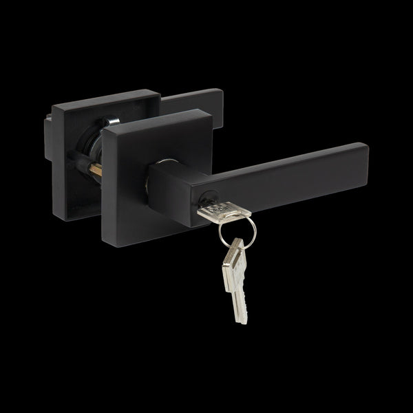 Door Handle Set Lever Key Lock Function Square Black Door Knobs