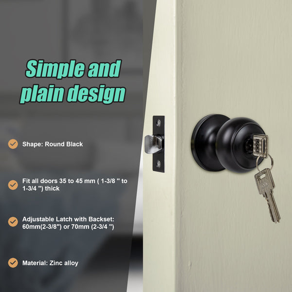 Door Handle Set Key Lock Function Round Black Door Locks & Lock Mechanisms