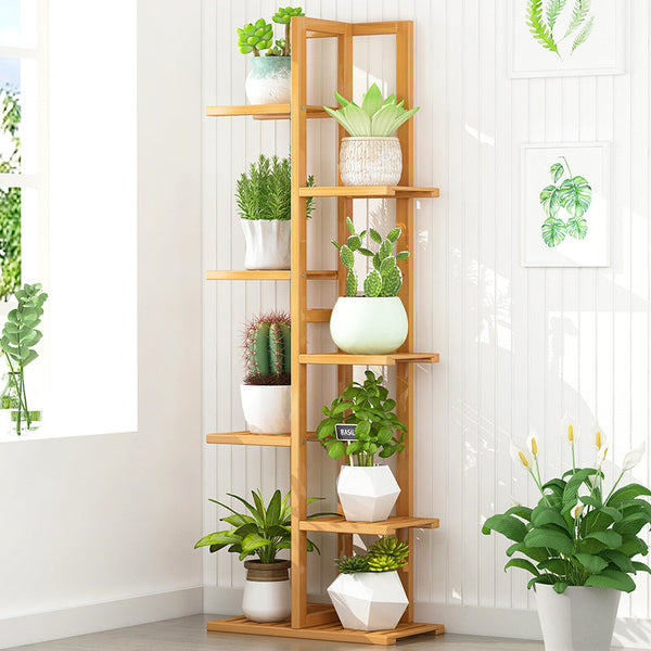 6 Tiers Vertical Bamboo Plant Stand Staged Flower Shelf Rack Outdoor Garden Plant Stands