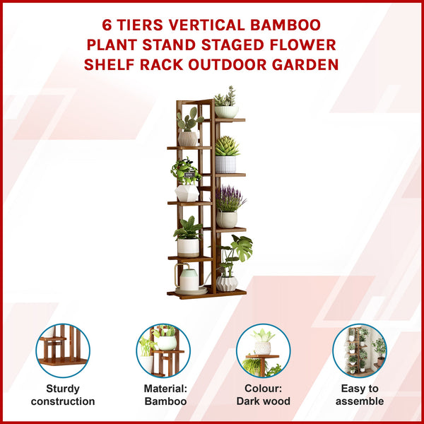 6 Tiers Vertical Bamboo Plant Stand Staged Flower Shelf Rack Outdoor Garden Plant Stands