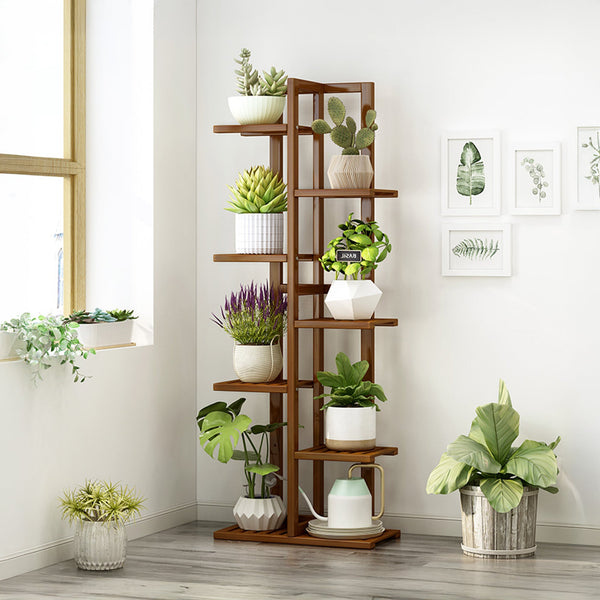 6 Tiers Vertical Bamboo Plant Stand Staged Flower Shelf Rack Outdoor Garden Plant Stands