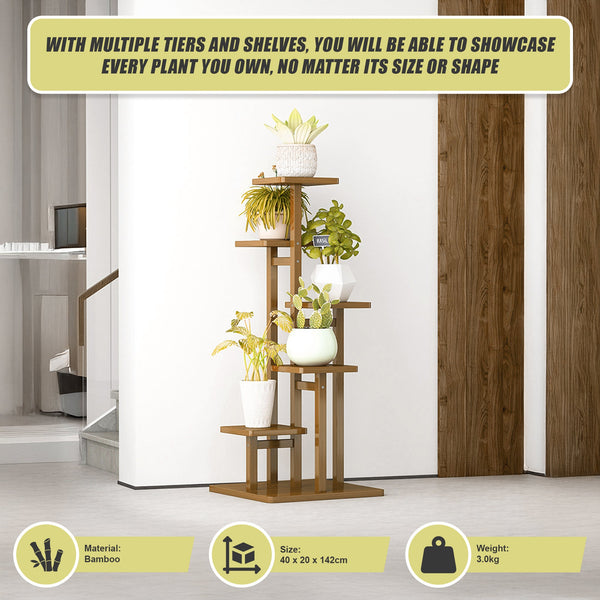 6 Tiers Vertical Bamboo Plant Stand Staged Flower Shelf Rack Outdoor Garden Plant Stands