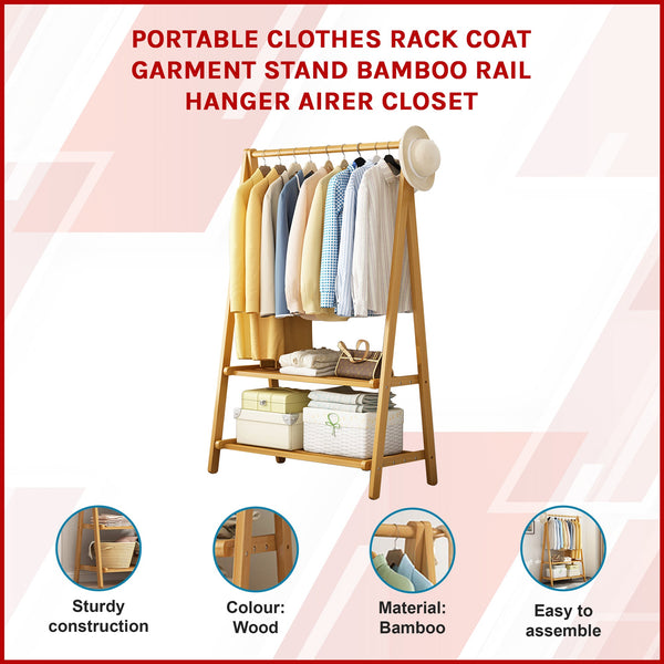 Clothes Rack Coat Garment Stand Bamboo Rail Hanger Airer Closet Garment Racks