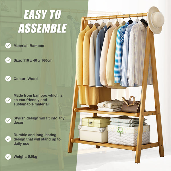 Clothes Rack Coat Garment Stand Bamboo Rail Hanger Airer Closet Garment Racks