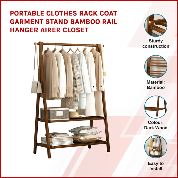 Clothes Rack Coat Garment Stand Bamboo Rail Hanger Airer Closet Garment Racks