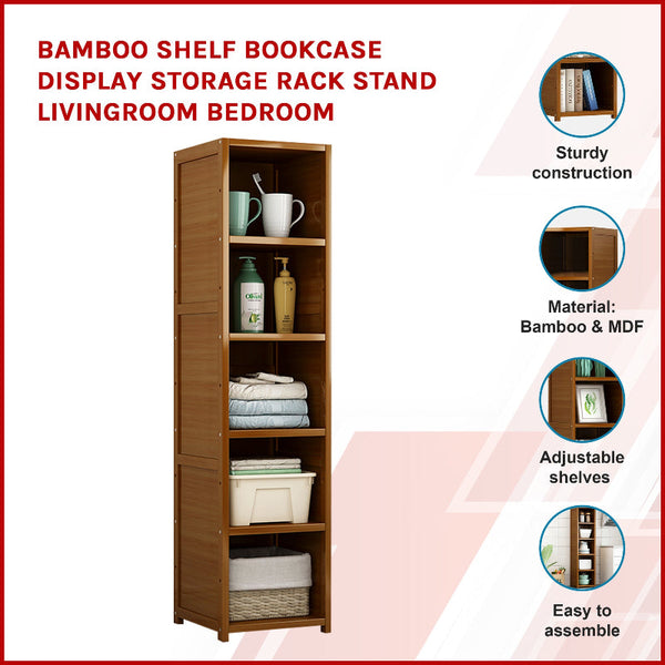 Bamboo Shelf Bookcase Display Storage Rack Stand Livingroom Bedroom Bookshelves