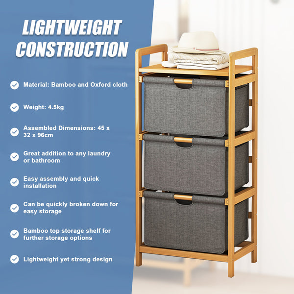 Bamboo Shelf With Storage Hamper Wooden Removable Bags Laundry Baskets & Hampers