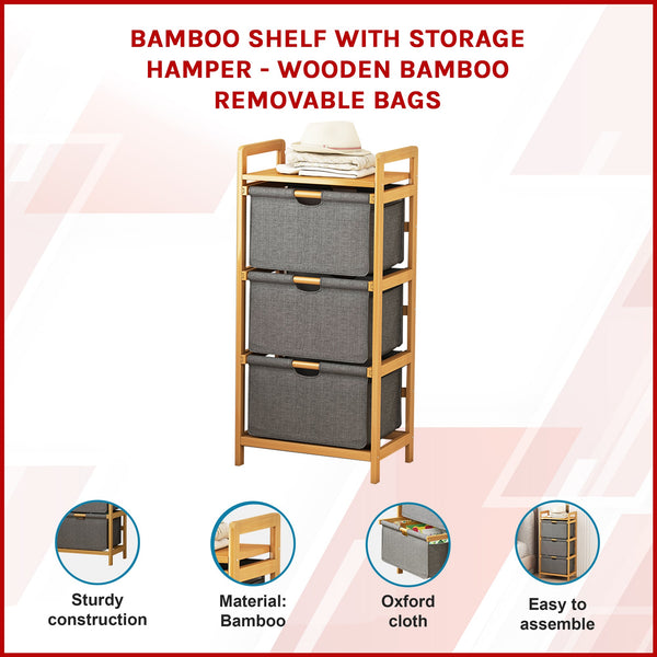 Bamboo Shelf With Storage Hamper Wooden Removable Bags Laundry Baskets & Hampers