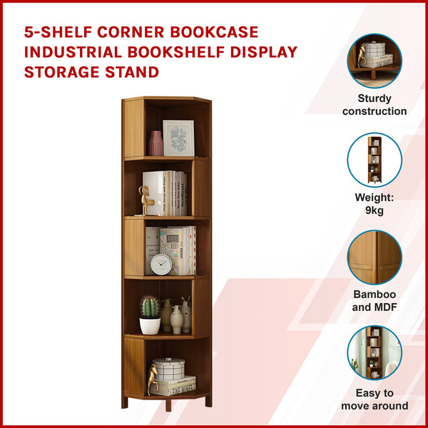 5 Shelf Corner Bookcase Industrial Bookshelf Display Storage Stand Bookshelves