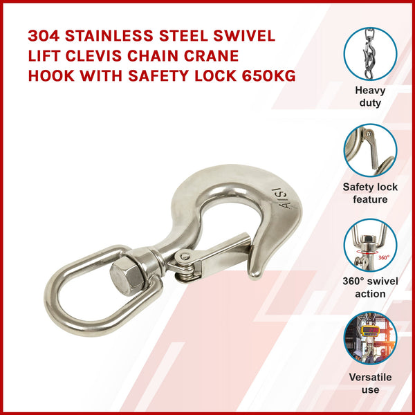304 Stainless Steel Swivel Lift Clevis Chain Crane Hook With Safety Lock 650Kg Lifting Hooks
