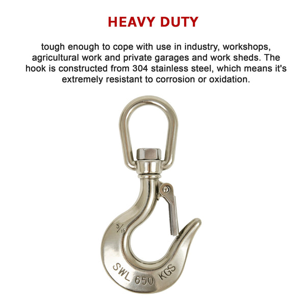 304 Stainless Steel Swivel Lift Clevis Chain Crane Hook With Safety Lock 650Kg Lifting Hooks