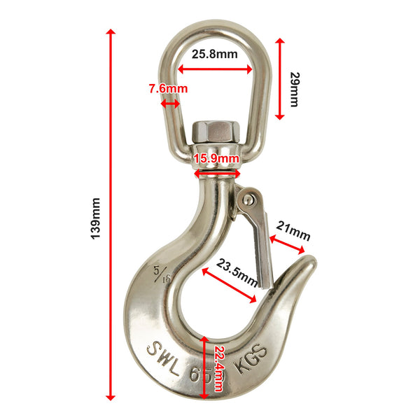 304 Stainless Steel Swivel Lift Clevis Chain Crane Hook With Safety Lock 650Kg Lifting Hooks