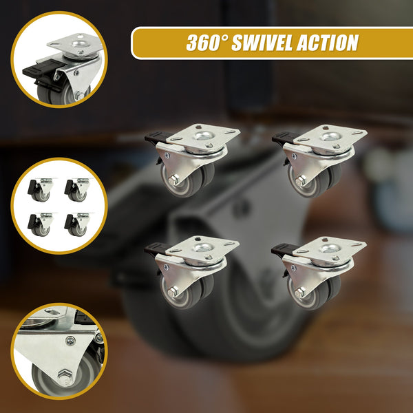 4 X 2" Heavy Duty Swivel Double Wide Trolley 50Mm Furniture Rubber With Brake Castor Wheels