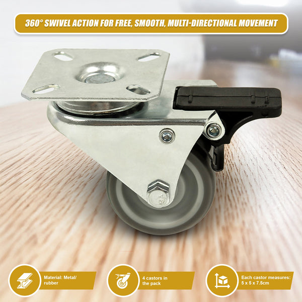 4 X 2" Heavy Duty Swivel Double Wide Trolley 50Mm Furniture Rubber With Brake Castor Wheels