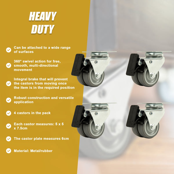 4 X 2" Heavy Duty Swivel Double Wide Trolley 50Mm Furniture Rubber With Brake Castor Wheels