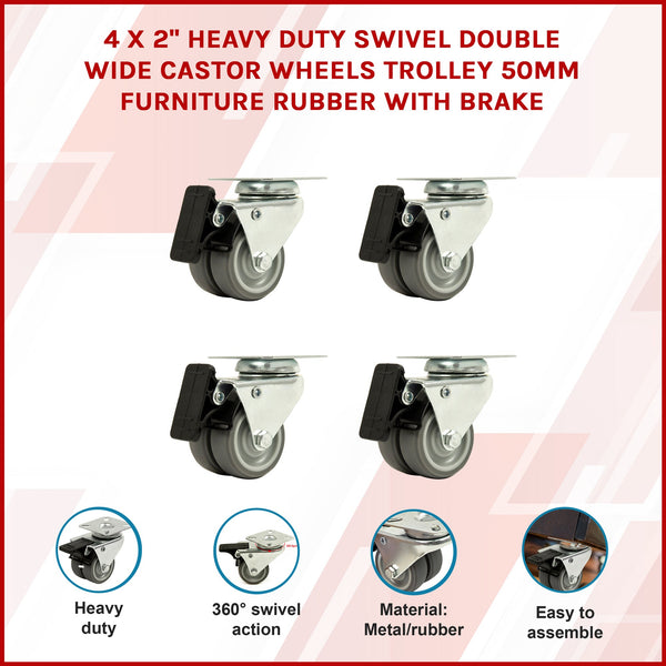 4 X 2" Heavy Duty Swivel Double Wide Trolley 50Mm Furniture Rubber With Brake Castor Wheels