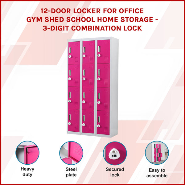 12 Door Locker For Office Gym Shed School Home Storage 3 Digit Combination Grey With Pink Cabinets & Cupboards