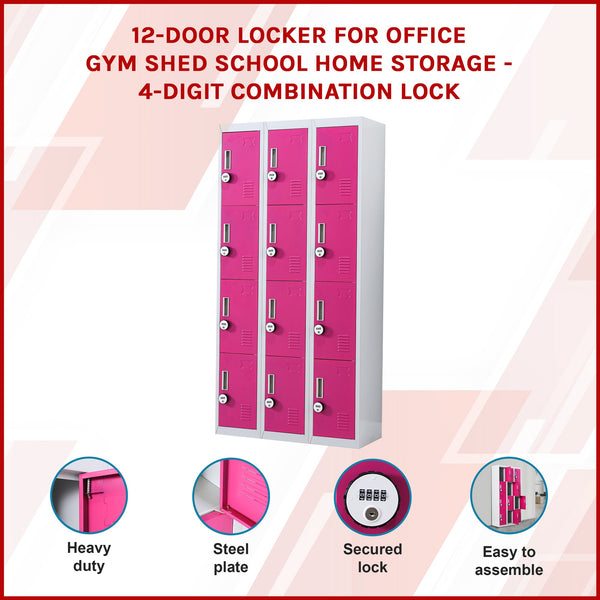 12 Door Locker For Office Gym Shed School Home Storage 4 Digit Combination Grey With Pink Cabinets & Cupboards