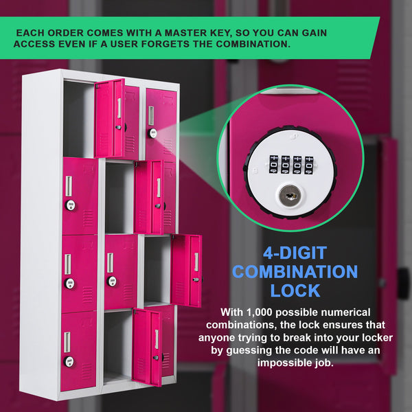 12 Door Locker For Office Gym Shed School Home Storage 4 Digit Combination Grey With Pink Cabinets & Cupboards