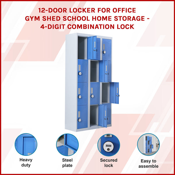 12 Door Locker For Office Gym Shed School Home Storage 4 Digit Combination Grey With Blue Cabinets & Cupboards