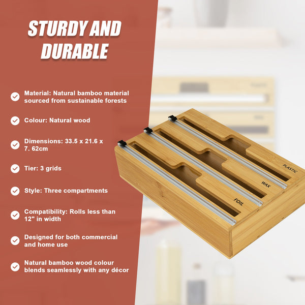 3 Grids Bamboo Food Wrap Dispenser Cutter Foil Cling Film Storage Holder Box Kitchen Racks & Holders