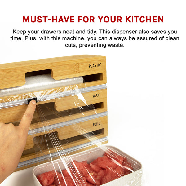 3 Grids Bamboo Food Wrap Dispenser Cutter Foil Cling Film Storage Holder Box Kitchen Racks & Holders