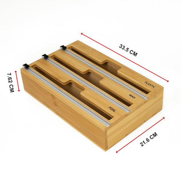 3 Grids Bamboo Food Wrap Dispenser Cutter Foil Cling Film Storage Holder Box Kitchen Racks & Holders