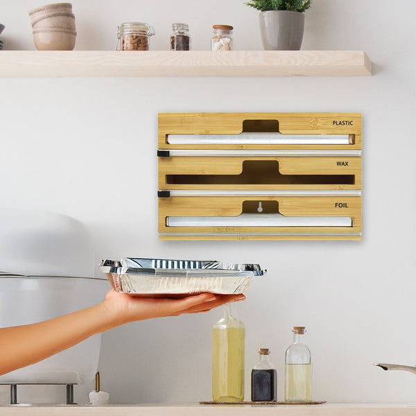 3 Grids Bamboo Food Wrap Dispenser Cutter Foil Cling Film Storage Holder Box Kitchen Racks & Holders