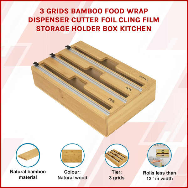 3 Grids Bamboo Food Wrap Dispenser Cutter Foil Cling Film Storage Holder Box Kitchen Racks & Holders