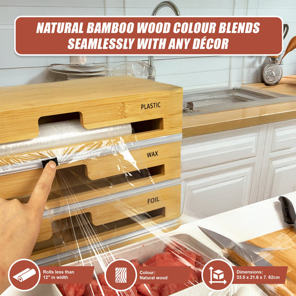 3 Grids Bamboo Food Wrap Dispenser Cutter Foil Cling Film Storage Holder Box Kitchen Racks & Holders