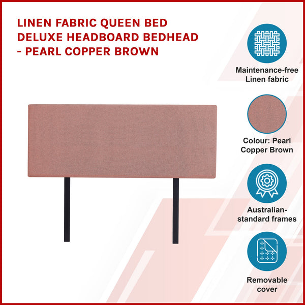 Linen Fabric Queen Bed Deluxe Headboard Bedhead Pearl Copper Brown Queen Bed Frames