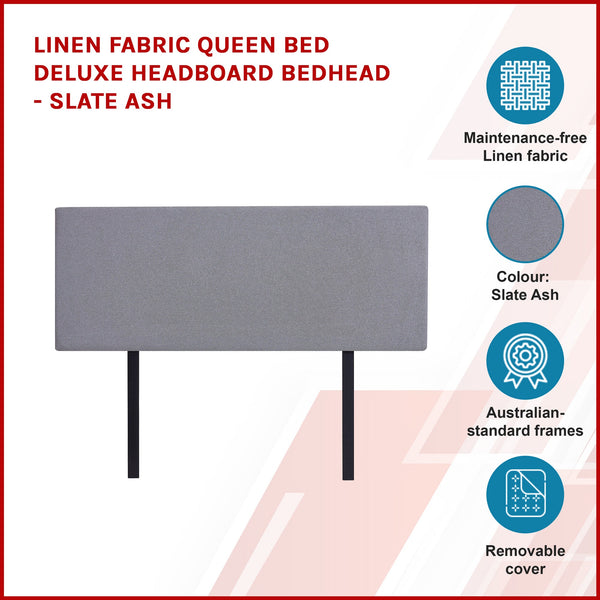 Linen Fabric Queen Bed Deluxe Headboard Bedhead Slate Ash Headboards & Footboards