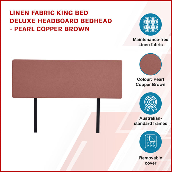 Linen Fabric King Bed Deluxe Headboard Bedhead Pearl Copper Brown King Bed Frames