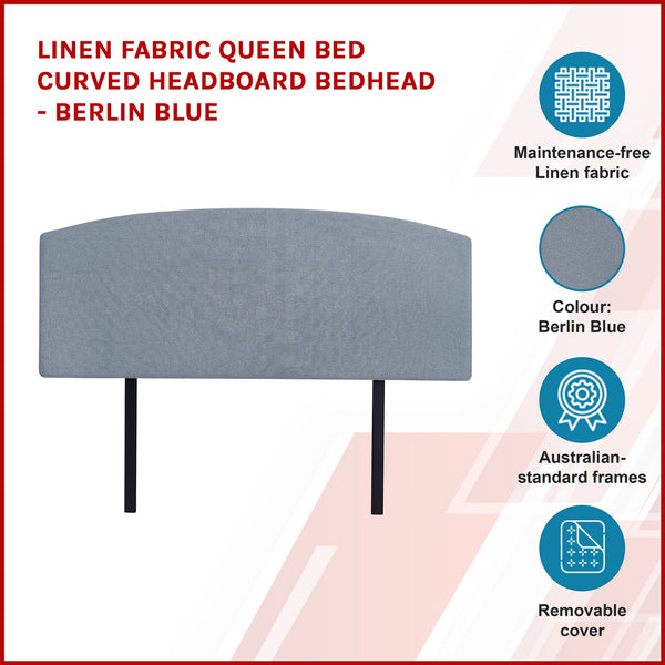 Linen Fabric Queen Bed Curved Headboard Bedhead Berlin Blue Headboards & Footboards