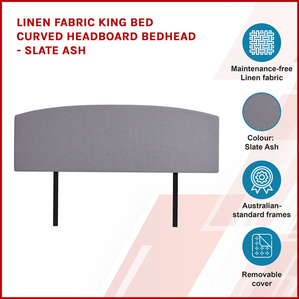 Linen Fabric King Bed Curved Headboard Bedhead Slate Ash King Bed Frames