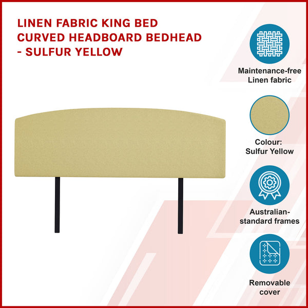 Linen Fabric King Bed Curved Headboard Bedhead Sulfur Yellow King Bed Frames
