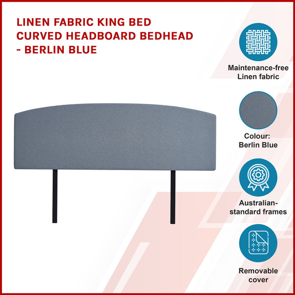Linen Fabric King Bed Curved Headboard Bedhead Berlin Blue Headboards & Footboards