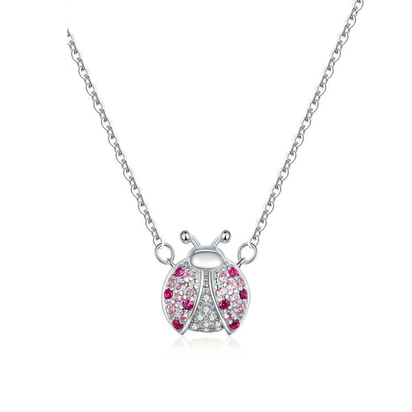 S925 Sterling Silver Necklace For Women White Gold Plated Pink Ladybug Pendant Necklaces & Pendants