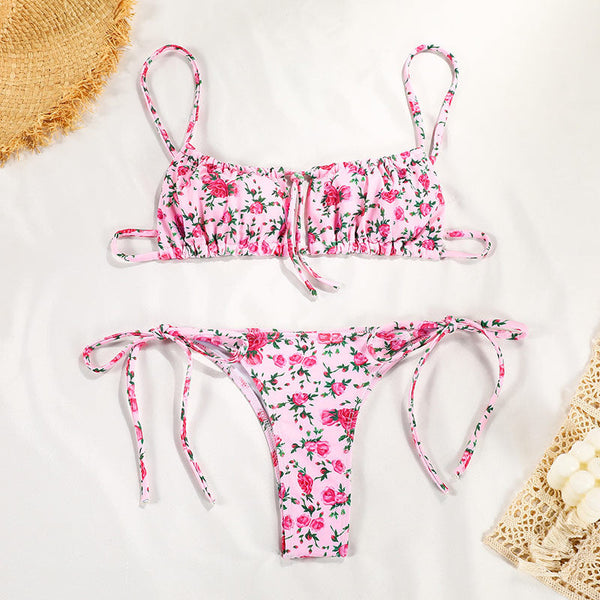 Floral Print Strap Bikini For Women European And American Style Swimwear