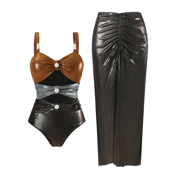 Hollow Out Contrasting Pearl Decoration One Piece Swimsuit Women's Set Swimwear