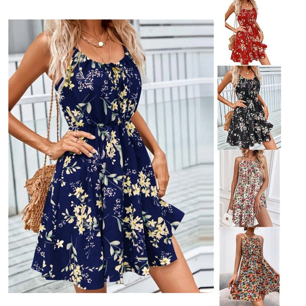 Dresses Floral Print Suspender Dress With Elastic Waist Design For Women Summer