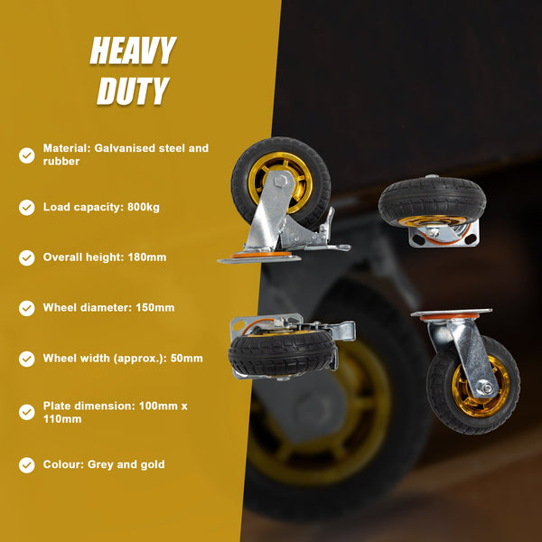 4 X 6" 150Mm Swivel Silent Caster 2 Brakes 800Kg Castor Wheels