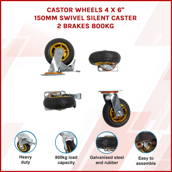 4 X 6" 150Mm Swivel Silent Caster 2 Brakes 800Kg Castor Wheels