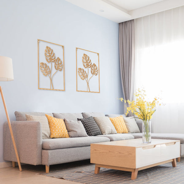 Metal Wall Picture With Leaves 40 X 60 Cm Golden Decoration Wall Art