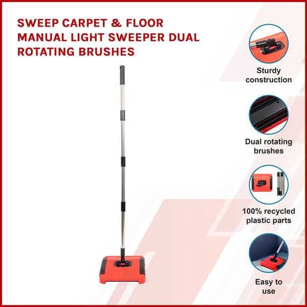 Sweep Carpet Floor Manual Light Sweeper Dual Rotating Brushes Carpet & Floor Sweepers