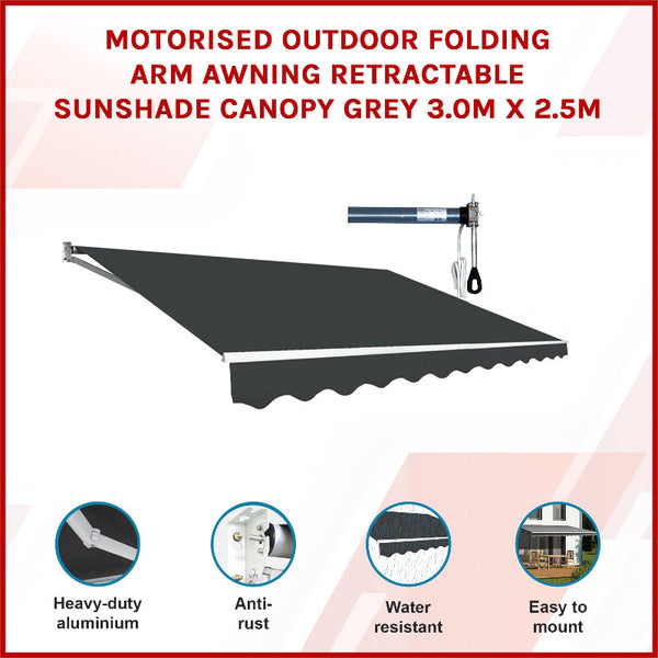 Motorised Outdoor Folding Arm Awning Retractable Sunshade Canopy Grey 3.0M X 2.5M Awning & Canopy Parts